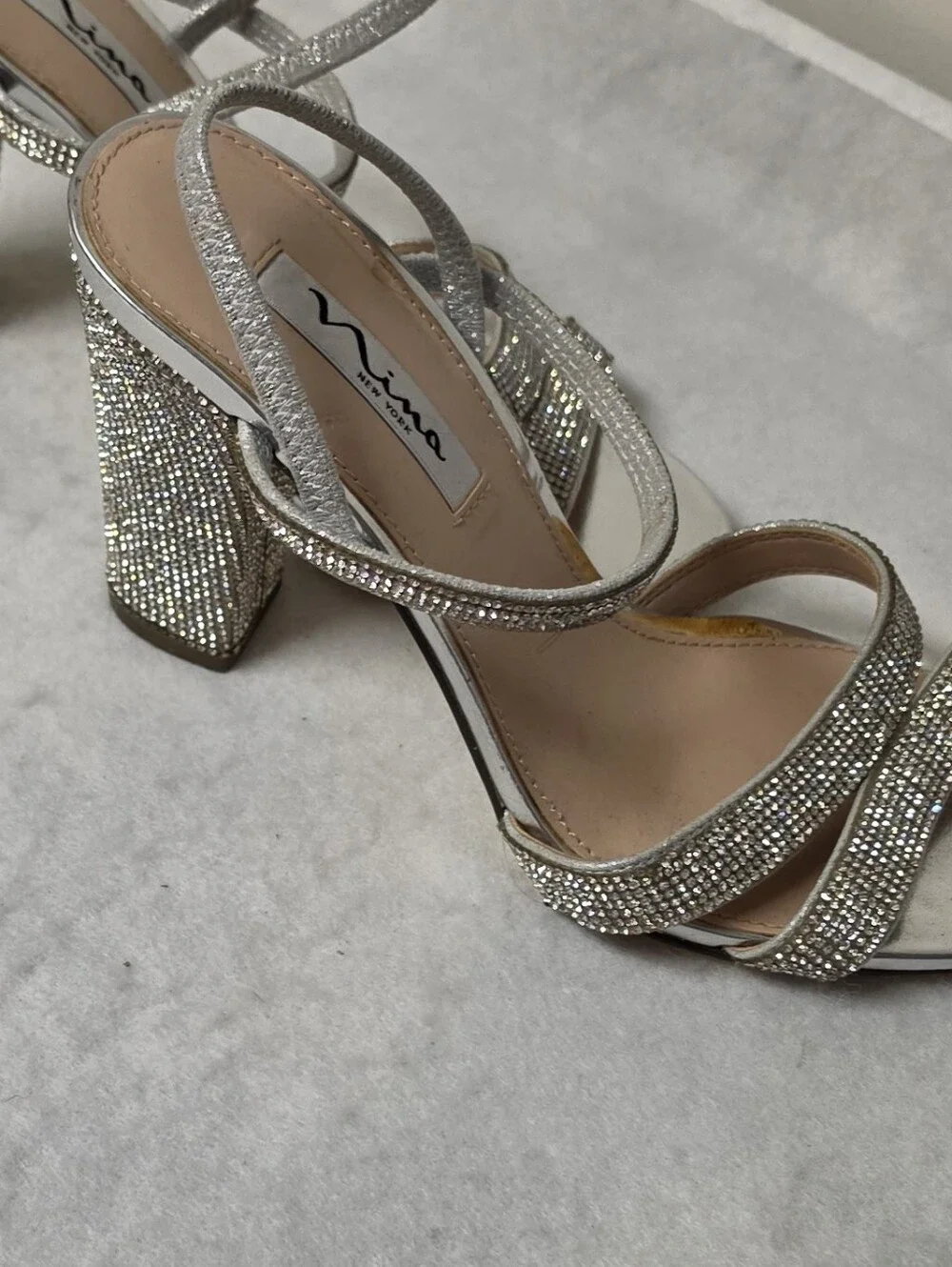 Nina Shoes Silver Crystal Block Heel Sandals